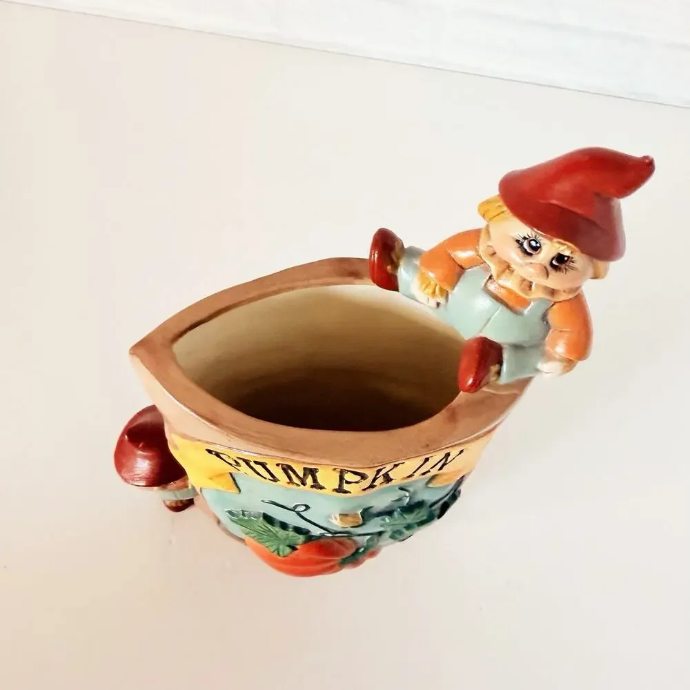 Vintage Pumpkin Garden Seed Scarecrow Halloween Planter Vase Decor Hand Painted